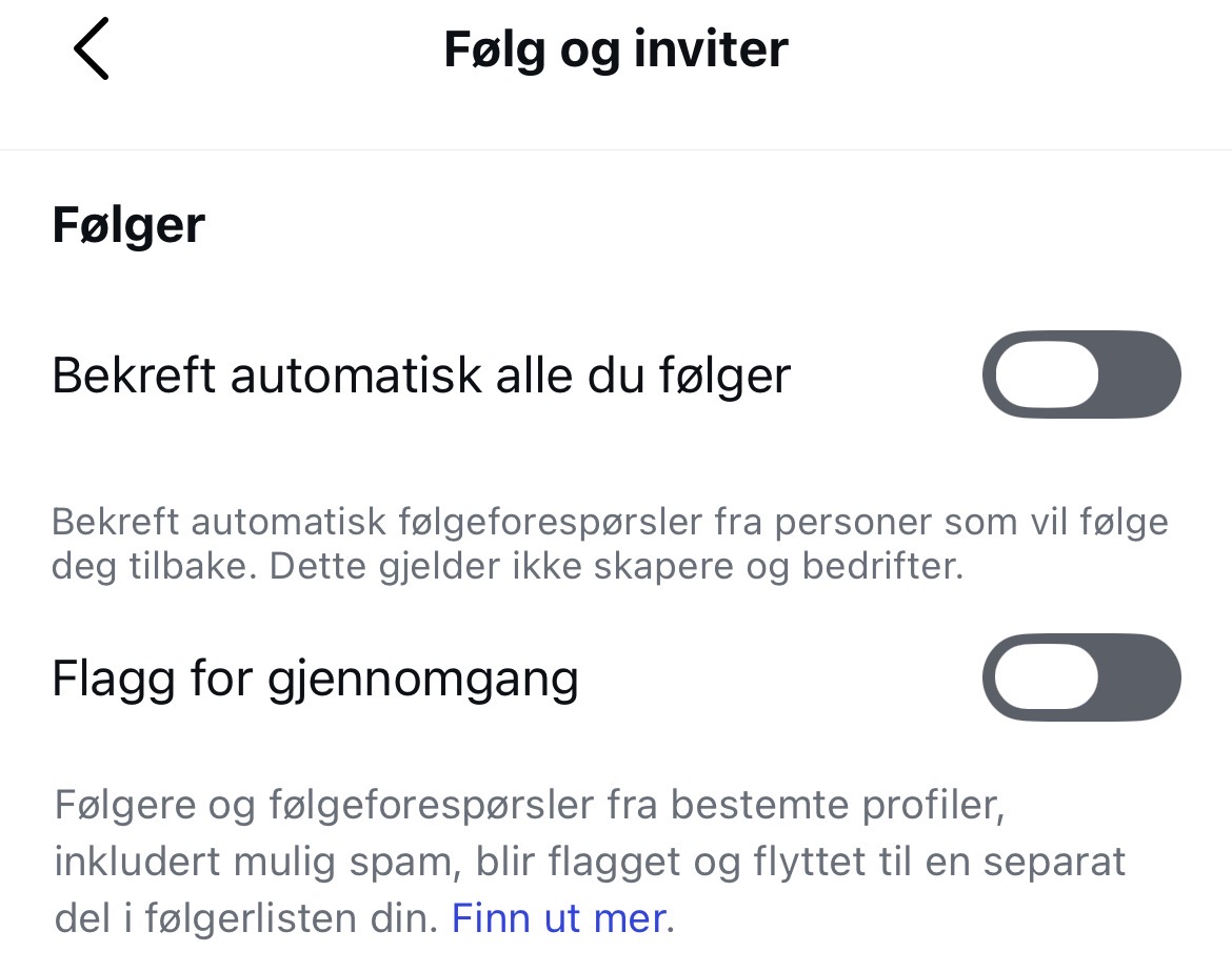 Instagram-menyen Følg og inviter med Flagg for gjennomgang slått av