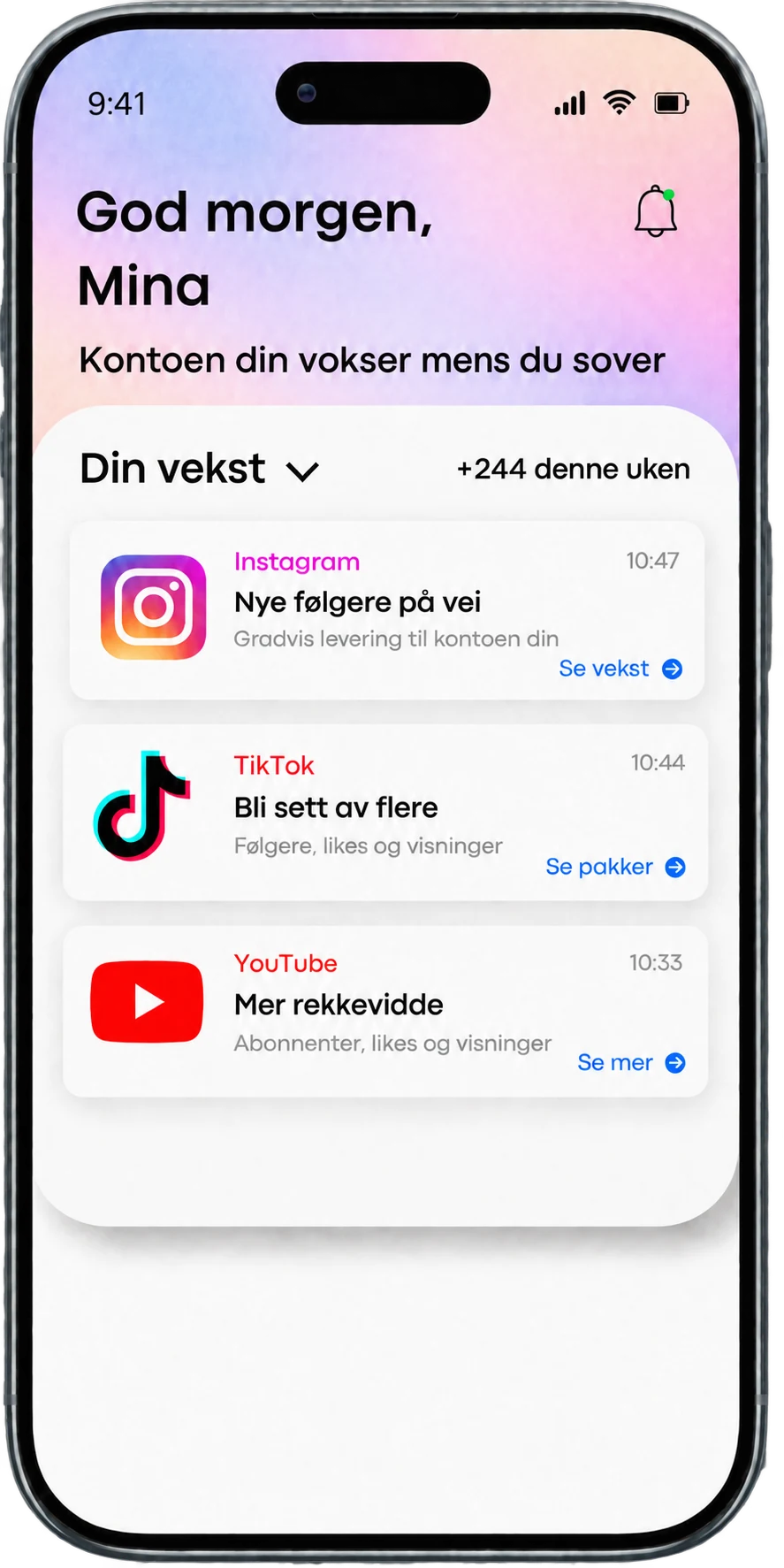 Illustrasjon av vekst på Instagram, TikTok og YouTube